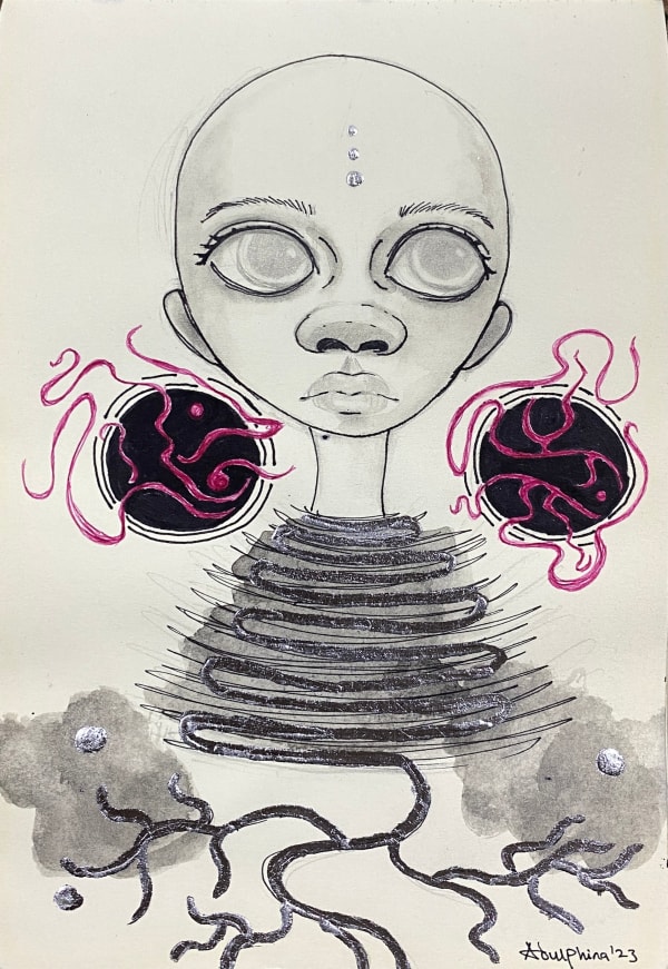 Adulphina Imuede Saddle, 2023 Ink, watercolour, gaphite & silver leaf on paper 5.8 x 8.3 inches 2023