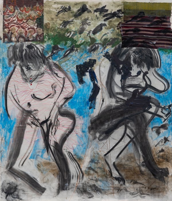 Josiah C Josiah The Abyss, 2024 Acrylic, Chalk, Pastel, Crayon, Charcoal, Earth, Bond, Aso Oke Fabric on Canvas 90 4/25 x 78 7/20 in 229 x 199 cm