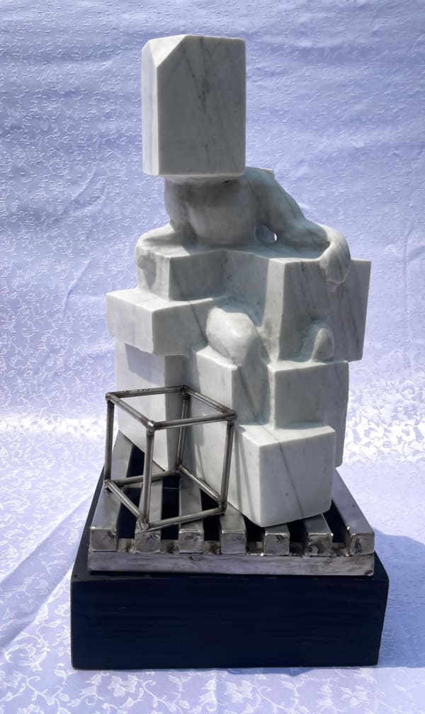 Bakare Sheriff Baggage Claim 2, 2024 White marble and stainless steel 16 x 9 x 10 in 40.6 x 22.9 x 25.4 cm