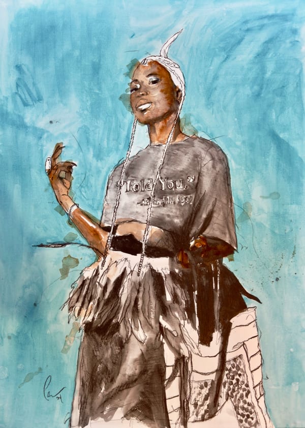 Fahamu Pecou Trust Auntie 1, 2024 Graphite and acrylic on Arches 30x22 in. 76.2x55.8 cm.