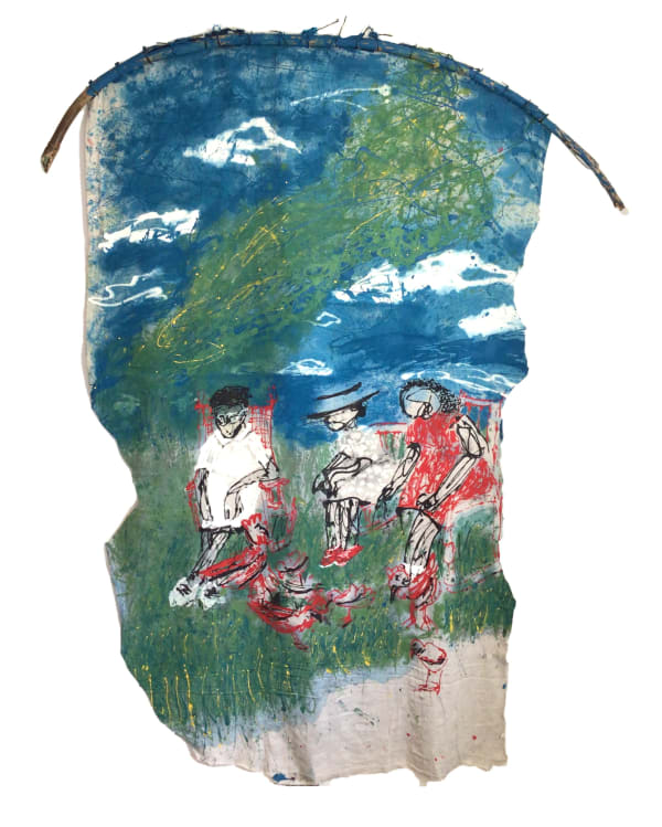 Bianca Walker NFSA, 2023 house paint on drop cloth constructed with black rope and palm 77” x 64”