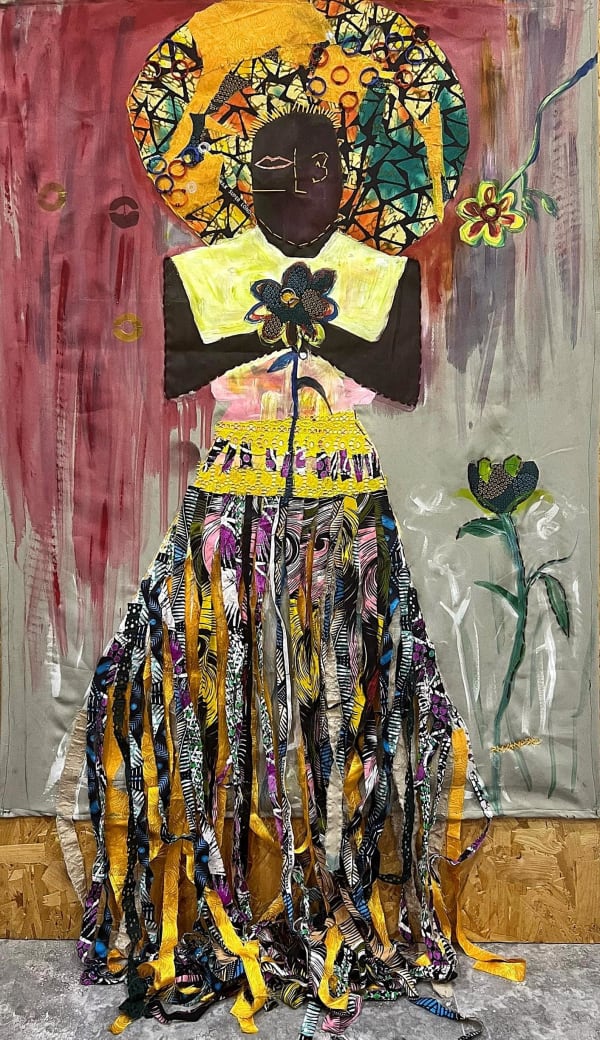 Progress Nyandoro Mwenje wavamandiri, 2024 Acrylic paint, fabric, wool 39 37/100 x 59 3/50 in 100 x 150 cm