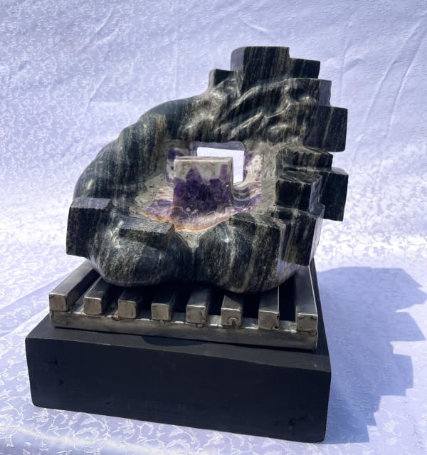 Bakare Sheriff Center, 2024 Granite, zebra amethyst and stainless steel 12 x 14 x 13 in 30.5 x 35.6 x 33 cm