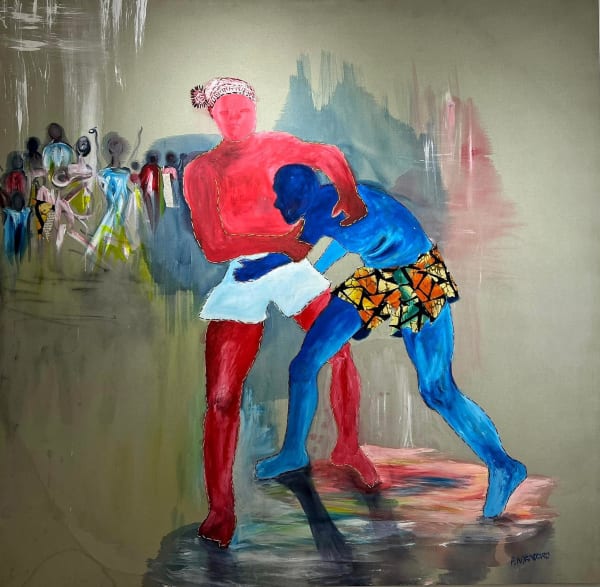 Progress Nyandoro Mutambo, 2024 Acrylic paint, fabric, wool 59 3/50 x 59 3/50 in 150 x 150 cm