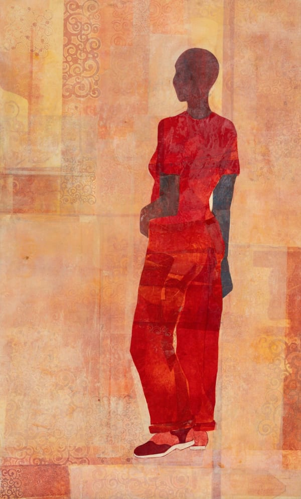 Jite Agbro The Center Holding , 2025 Printed paper and fabric, beeswax on wood 36 x 60 in 91.4 x 152.4 cm