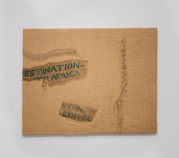 Tshepo Sizwe Phokojoe Dawit trading, 2024 Hessian cloth and thread 39 37/100 x 27 14/25 in 100 x 70 cm