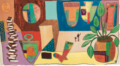 Malcolm Emilio Day at the Museum, 2020-2021 Acrylic and 18k gold leaf on canvas 66x108 in. 167.6x274.3 cm.
