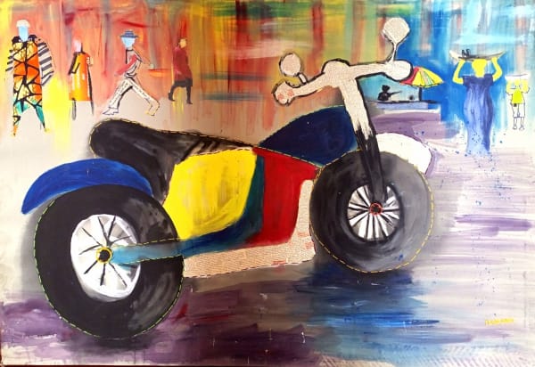 Progress Nyandoro Chimudhu-dhu-dhu, 2024 Acrylic paint, fabric, wool 39 37/100 x 59 3/50 in 100 x 150 cm