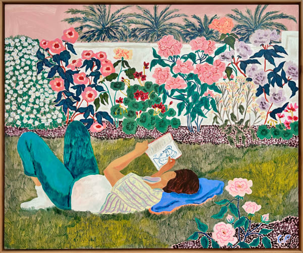 Camilla Perkins, Reading Under Palms and Roses, 2024