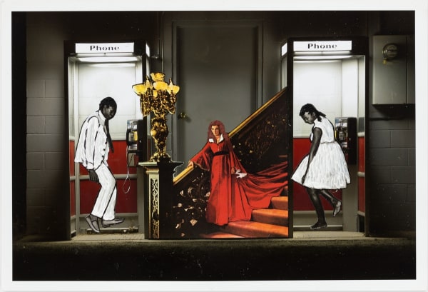 A man dressed in a white suite dancing inside of a phone booth. A woman dressed in a white dress dancing in another phone booth. Between the two phone booths there is a woman wearing a long red dress, standing on carpeted red stairs with her hand on an ornate wooden guardrail.