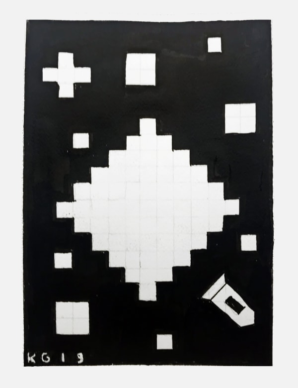 Black and white drawing of various square shapes and patterns.