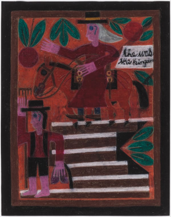 A person at the top of stairs with a horse and someone at the bottom of the stairs with a rake