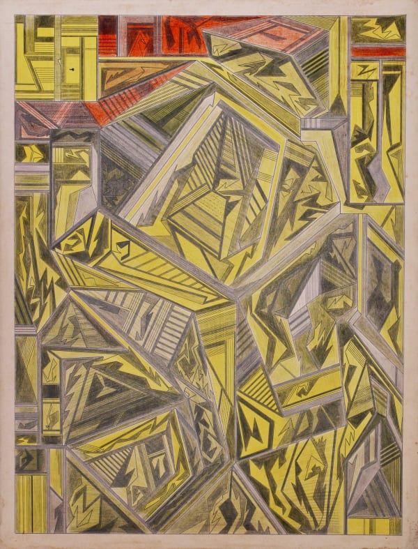 Yellow, grey, black, and red colored sketch of various angular geometric shapes.