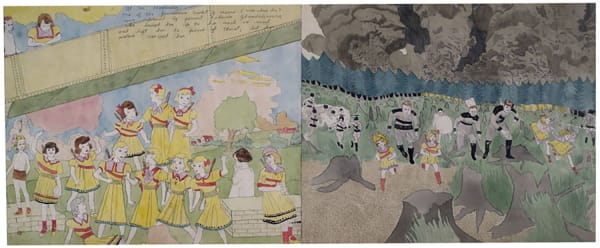 A scene on the left depicting many girls wearing matching yellow dresses outside on a sunny day. A scene on the right of girls in yellow dresses running from large men in dark clothing, the sky is covered in smoke and there are many tree stumps.