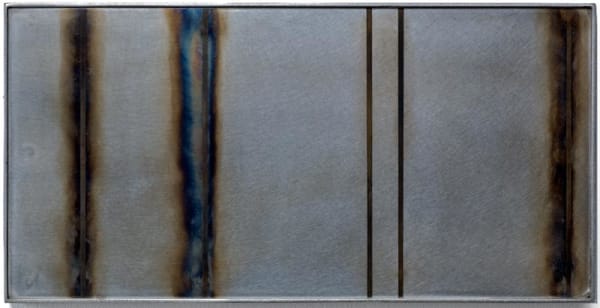 Grey/silver background with brown rusty vertical bars