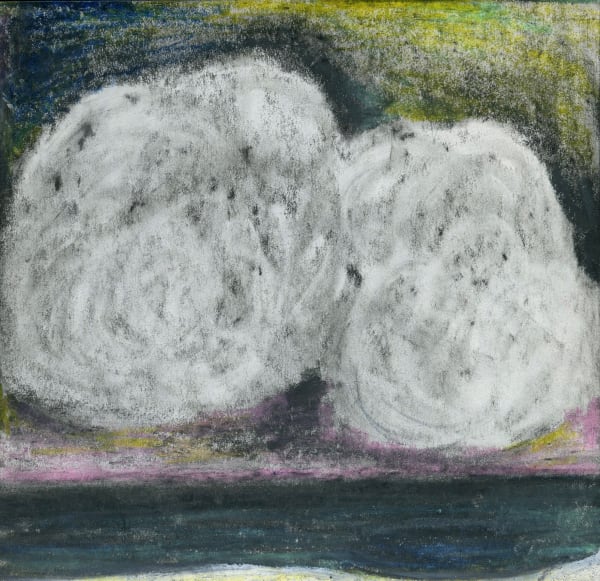 Two rounded white objects surrounded by yellow, blue, and pink.