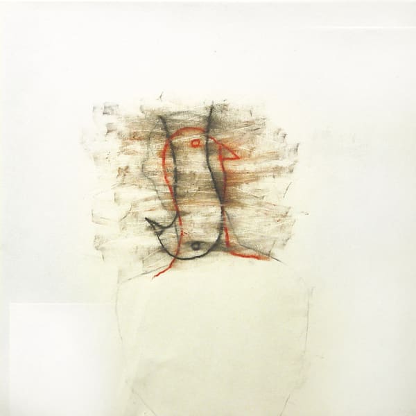 Thin sketch of the outline of a person with a red bird and a black bird drawn over their head.