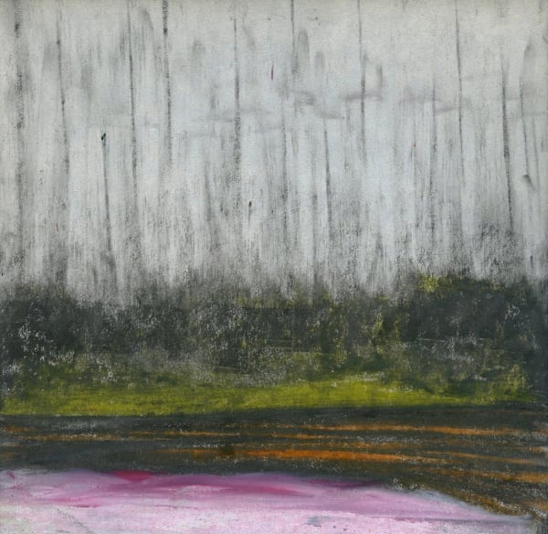 White with black vertical lines coming out of solid black with layers of green, black, orange, and purple.