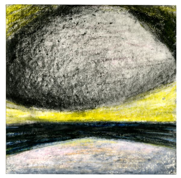 White and black rounded object above a yellow horizon with blue and black below it, and white at the very bottom.