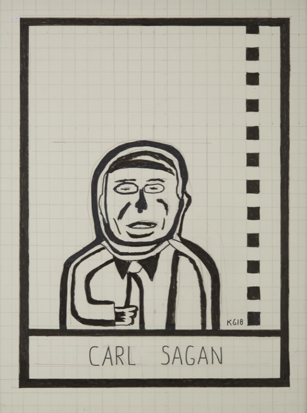Simple black and white drawing of a man wearing a tie, with the name "Carl Sagan" written below.