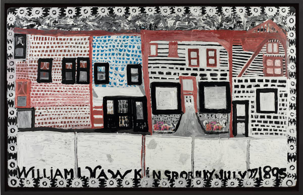 Red, white, blue, and black connected building on a white sidewalk. Black and white border surrounding the outside.