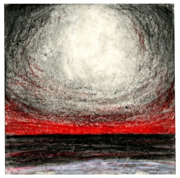 Large white circle surrounded by black with a red horizon and black ground below.