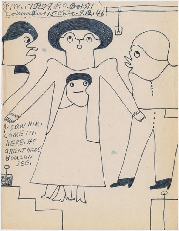 Simple black and white depiction of three adults and one child standing by stairs.