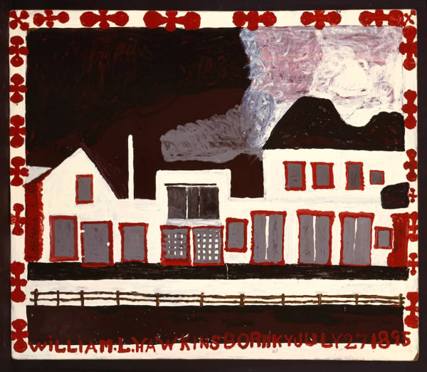 White, grey, and red building with with white smoke coming out the top and black sky above.