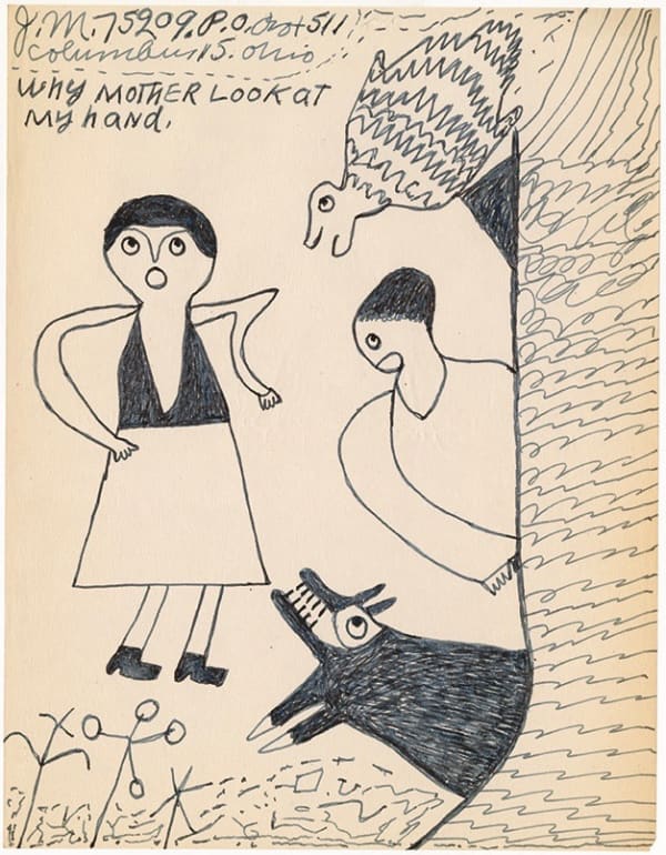 Simple black and white drawing of two people, two animals, and one tree.