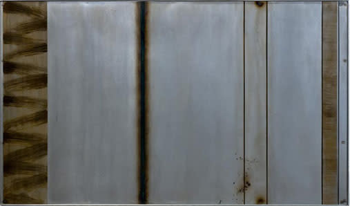 Grey/silver background with brown vertical bars