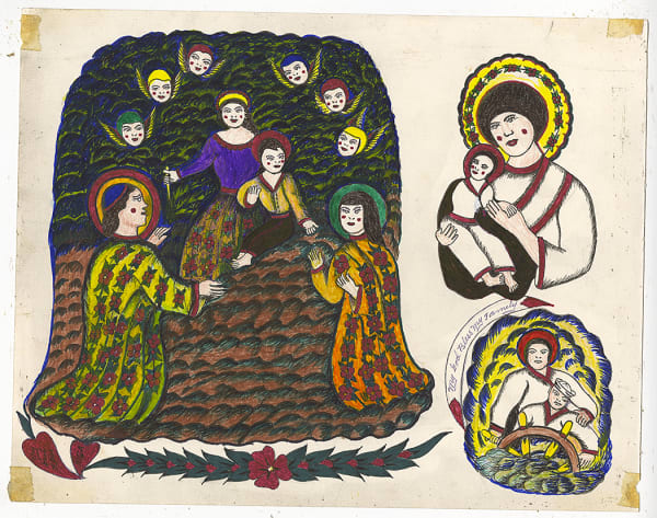 Biblical scene made up of two people with halos approaching a person and child surrounded by six winged heads. A saintly figure with a yellow halo holding a child. A person at the helm of a ship with a child.