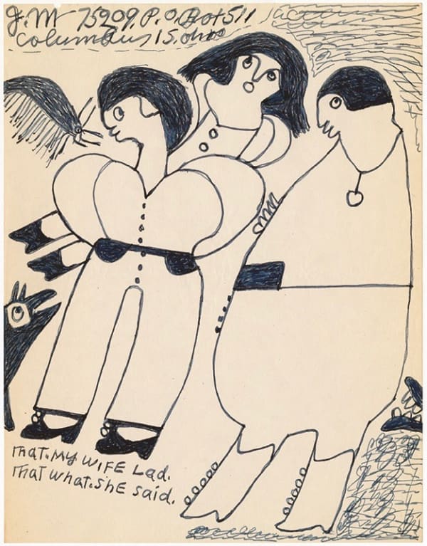 Simple black and white drawing of three people and two creatures around them.