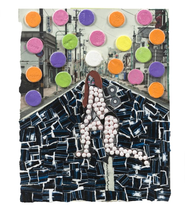 A woman posing in the middle of the street. Her body is made up of white buttons and she has a wind-up-toy on her back. There are many orange, purple, and green circles above her.