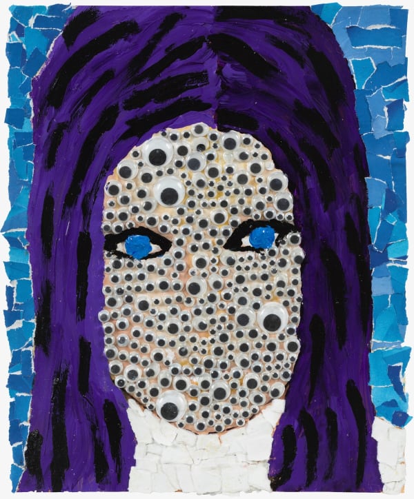 A woman's face with googly eyes as skin, two bright blue eyes, and purple hair.