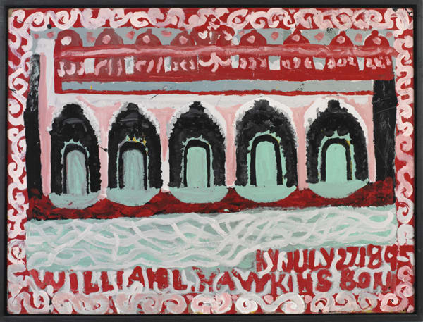 Black domed building with turquoise entrances surrounded by pink and red. A white and turquoise stream below. A red and white border surrounds.