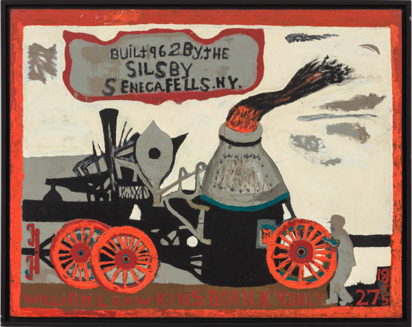 Black and grey machine with red wooden wheels, and smoke and fire coming out of a grey chimney in the middle. A grey silhouette of a man is holding one of the red wheels.