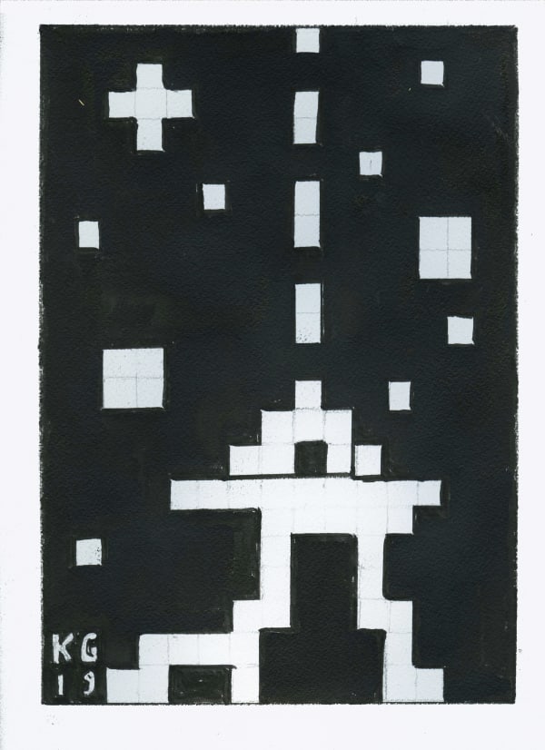 Black background with white pixelated square shapes.