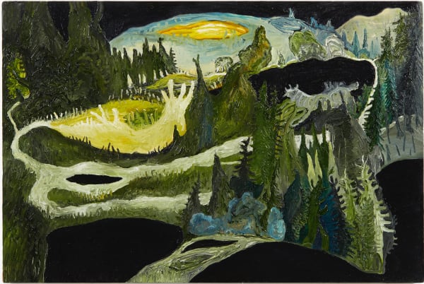 Black, green, yellow and blue hilly forrest with a dark sky and dark ground.