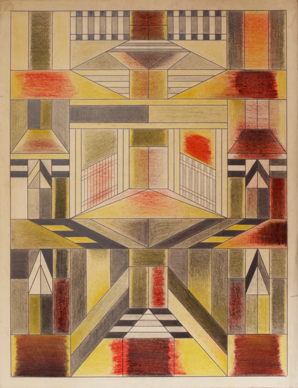 Yellow, red, black, and white colored sketch of a symmetrical pattern, made up of geometrical shapes.