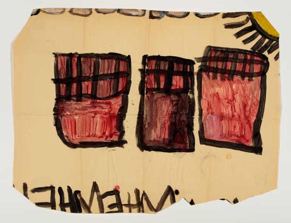 Simple painting of three red squares with black grates at the top. A yellow sun is in the top right corner.