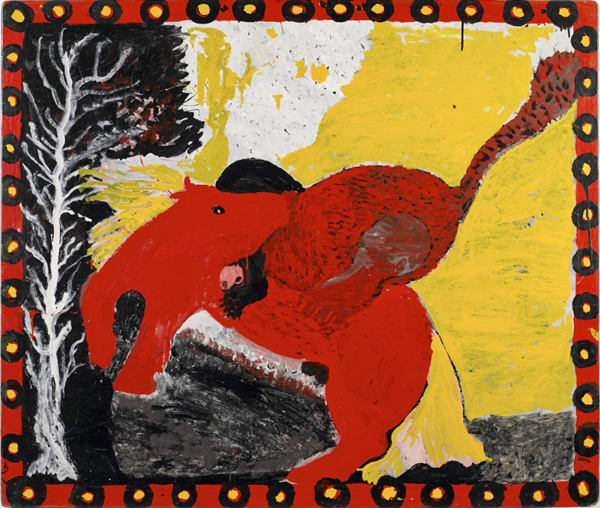 Red horse with a red lion on it's back standing on black ground, and in front of a yellow background. A white tree next to them. Surrounded by a red border with black and yellow circles.