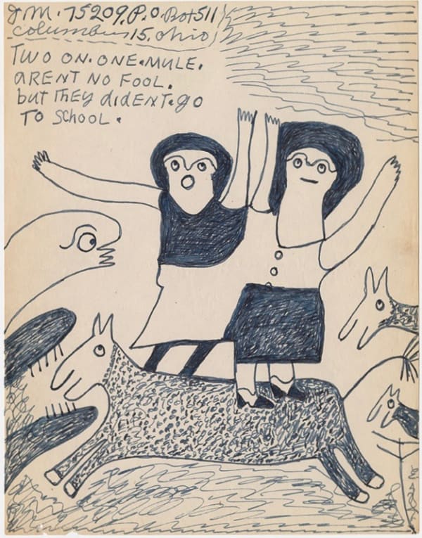 Simple black and white drawing of two people with their arms up standing on top of a four legged animal. They are surrounded by other animals.