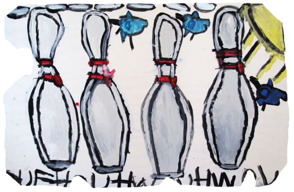 Four white and red bowling pins, a yellow sun in the right corner, and three small blue shapes around the bowling pins.
