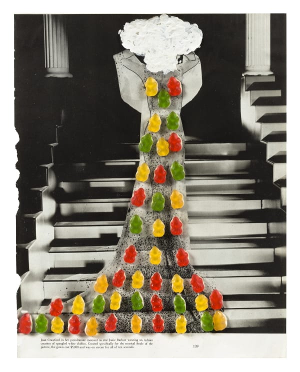Black and white photo of stairs and a women in a very long dress. The women is almost completely drawn over, her head is covered by a mushroom cloud, and her body is covered in red, green, and yellow gummy bear looking objects.