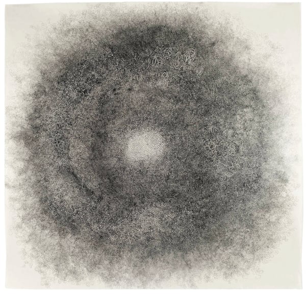 A massive amount of tiny black circles making up one big cloudy circle.
