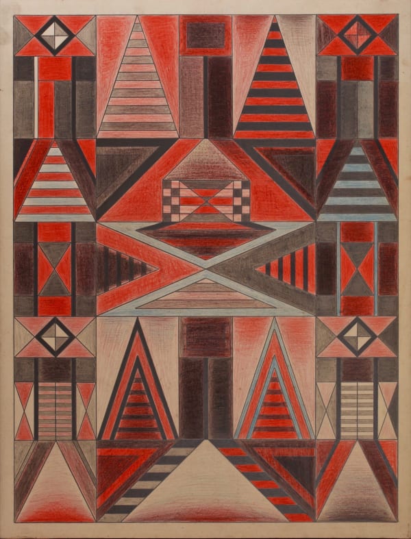 Red, grey, black, and white colored sketch of various angular geometric patterns.