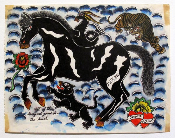 A black horned sea creature riding a large black horse with "TEXAS" written on its leg. A snarling orange and black tiger and a black jaguar on either side of the horse. A red rose and two hearts that say "Mom and Dad".