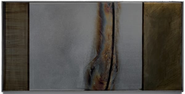 Grey/silver background with brown vertical bars. Two on the ends are wide and one in the middle is curved and rusty