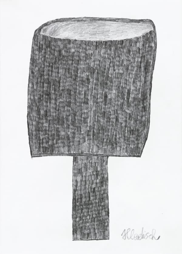 Simple black and white sketch of a cylindrical shaped object with a skinny base and thick top.