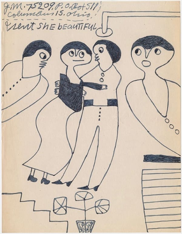 Simple black and white drawing of two people with their arms around each other. Two more people are watching on either side of them.